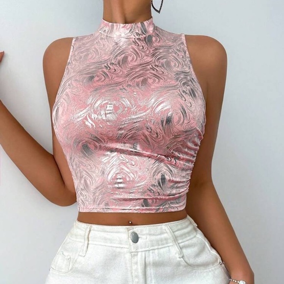 Metallic Stand Collar Slim Fit Cropped Tank Top For Summer Graphic Tees Women - Picture 4 of 4